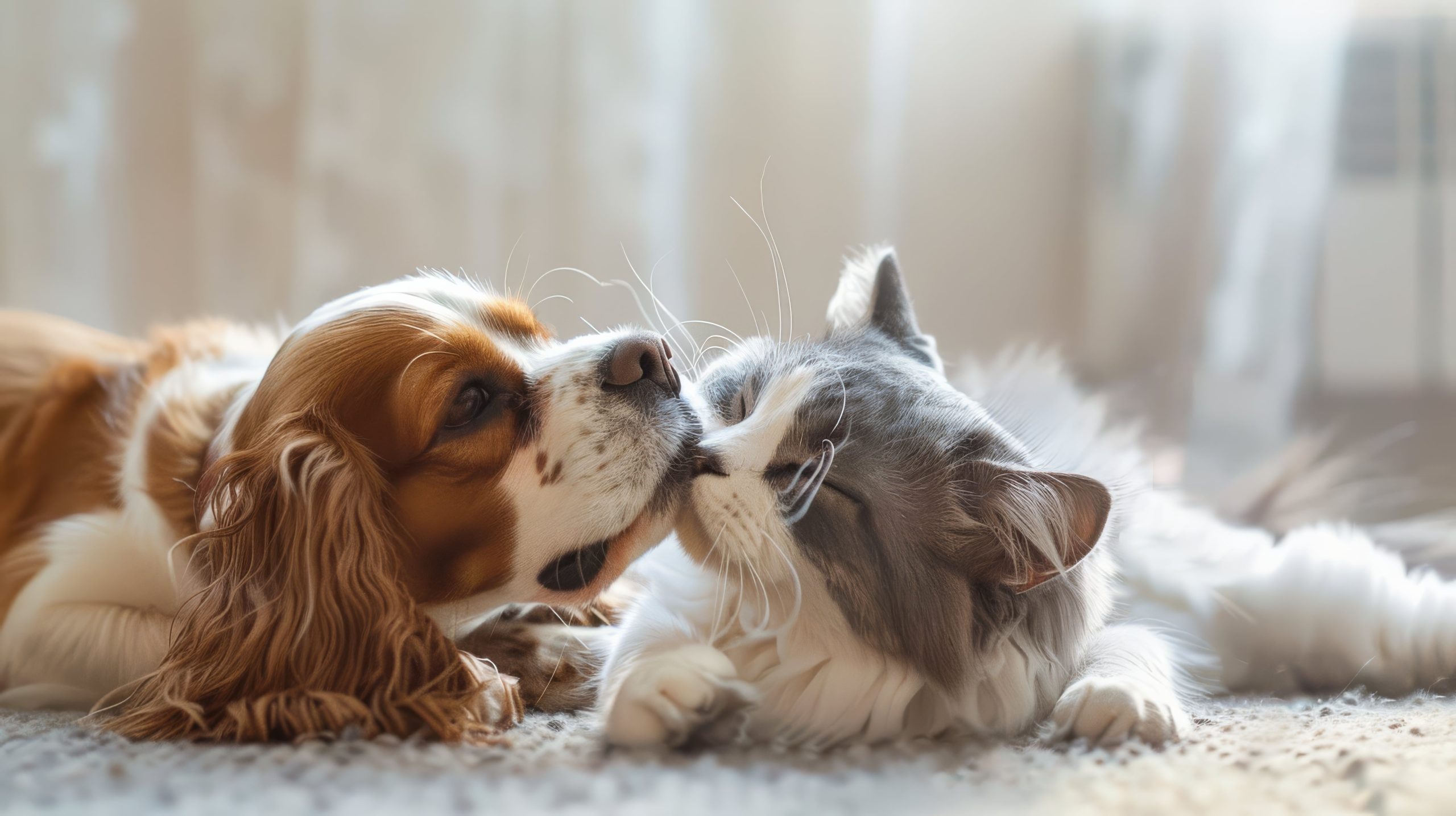 charles springer spaniel hund och katt som nosar på varandra